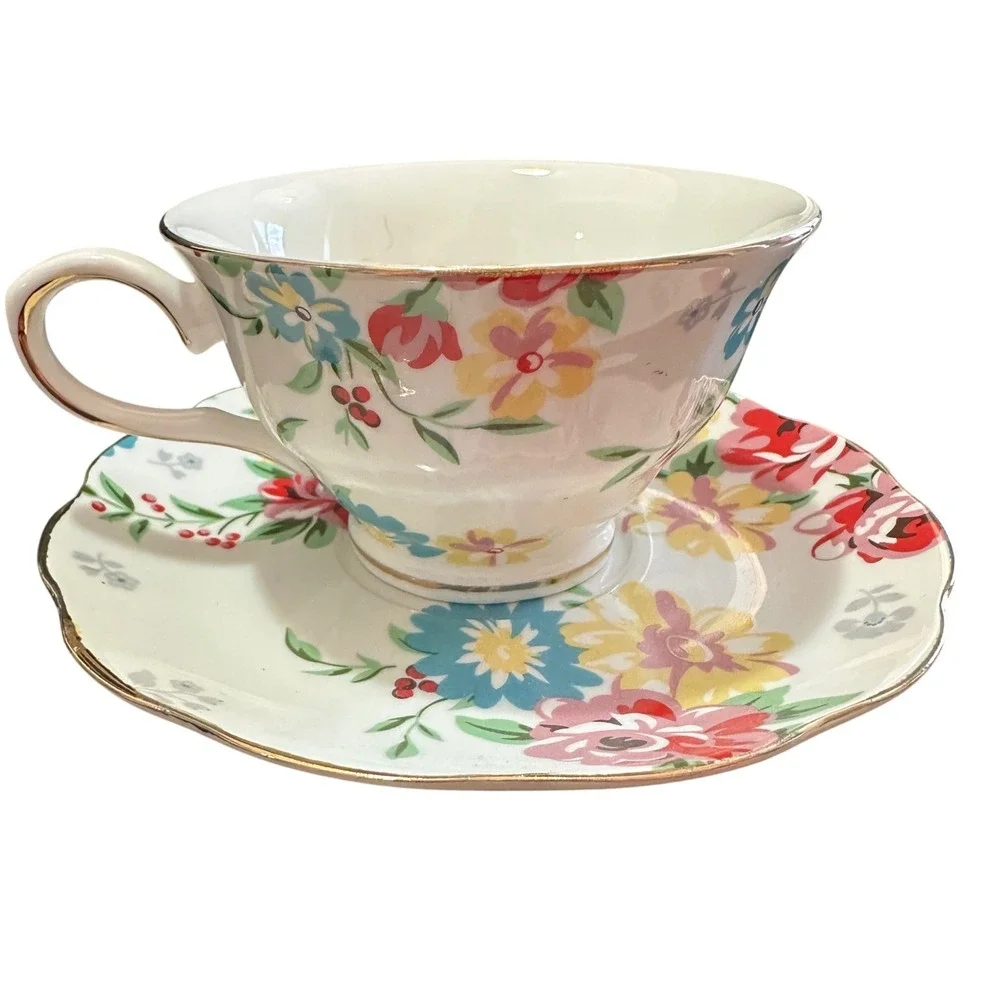 Grace Teaware Floral Teacup Saucer Set Gold Trim Vintage Style Bone China